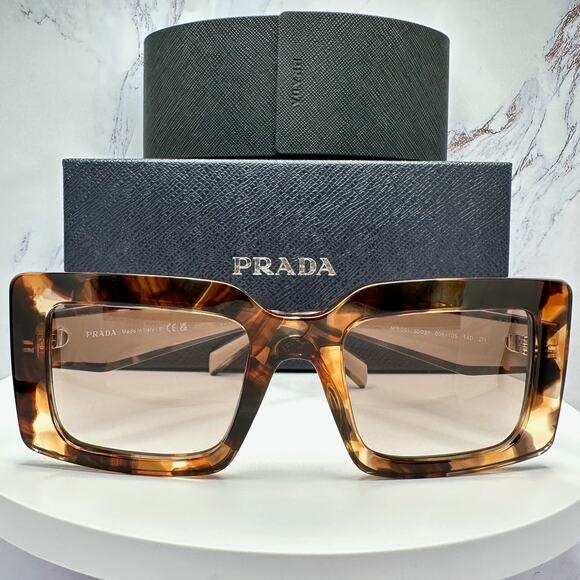 New PRADA Sunglasses Brown Beige Caramel Tortoise Gold Symbole Womens Rectangle